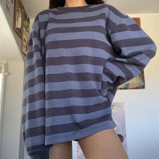 Hirigin New Fashion Womens Casual Long Sleeve Sweater Fashion Contrast Color Stripe Round Neck Loose Sweatshirt Street Style