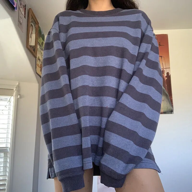 Hirigin New Fashion Womens Casual Long Sleeve Sweater Fashion Contrast Color Stripe Round Neck Loose Sweatshirt Street Style